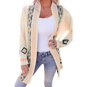 Open Front Cardigan – Cream Knit with Pastel Tribal Pattern – Size 2XL